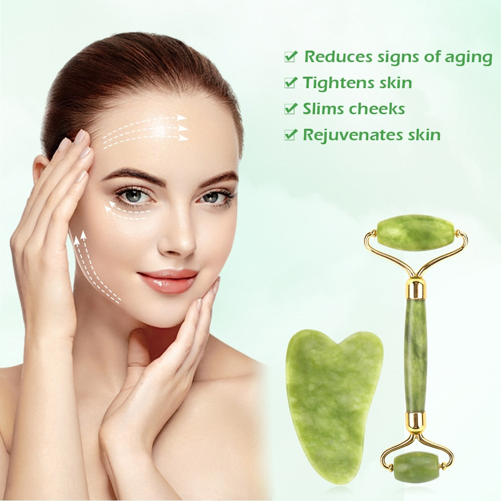 Jade Stone Roller & Gua Sha Set Natural Facial Massager, Skin Care Massage for Face or Body