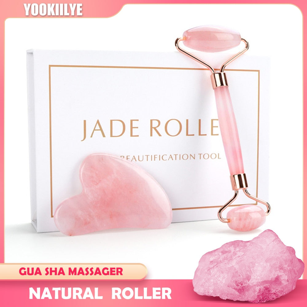 Jade Stone Roller & Gua Sha Set Natural Facial Massager, Skin Care Massage for Face or Body