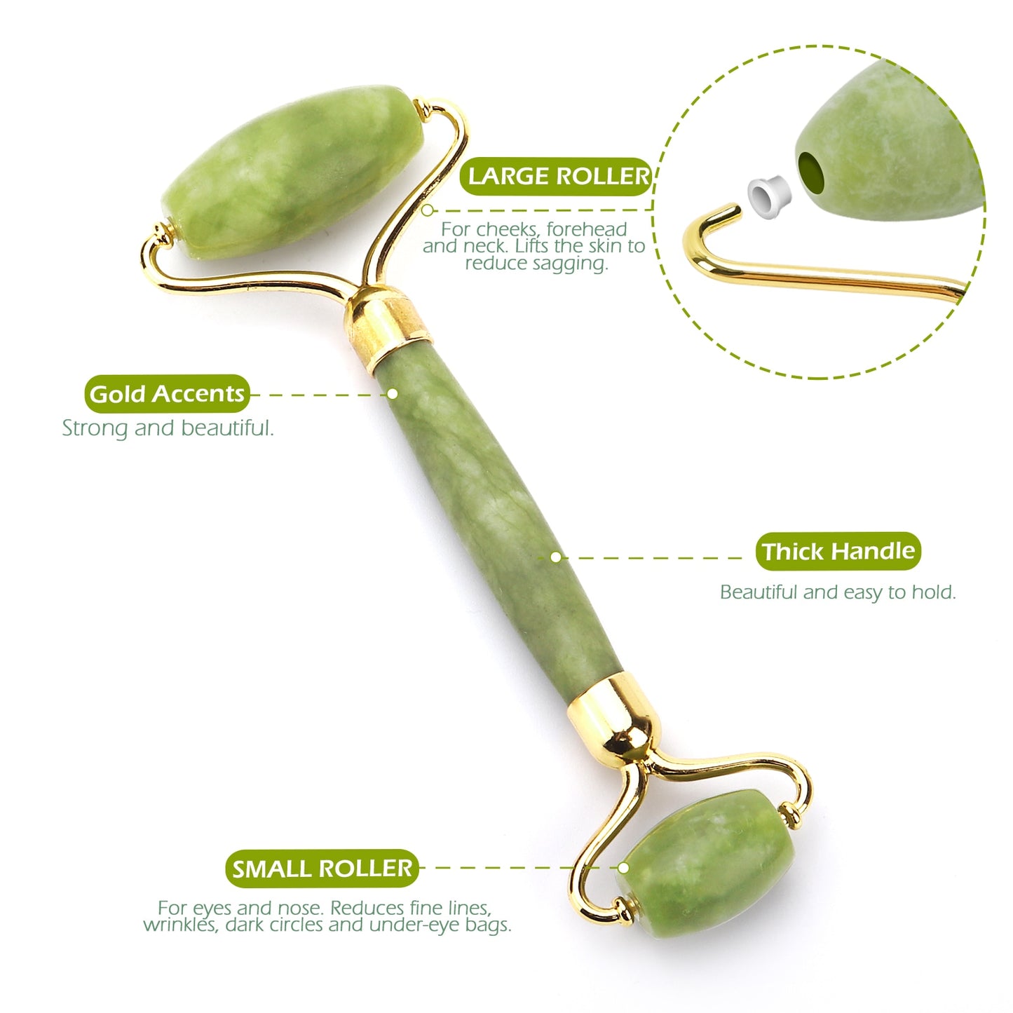Jade Stone Roller & Gua Sha Set Natural Facial Massager, Skin Care Massage for Face or Body