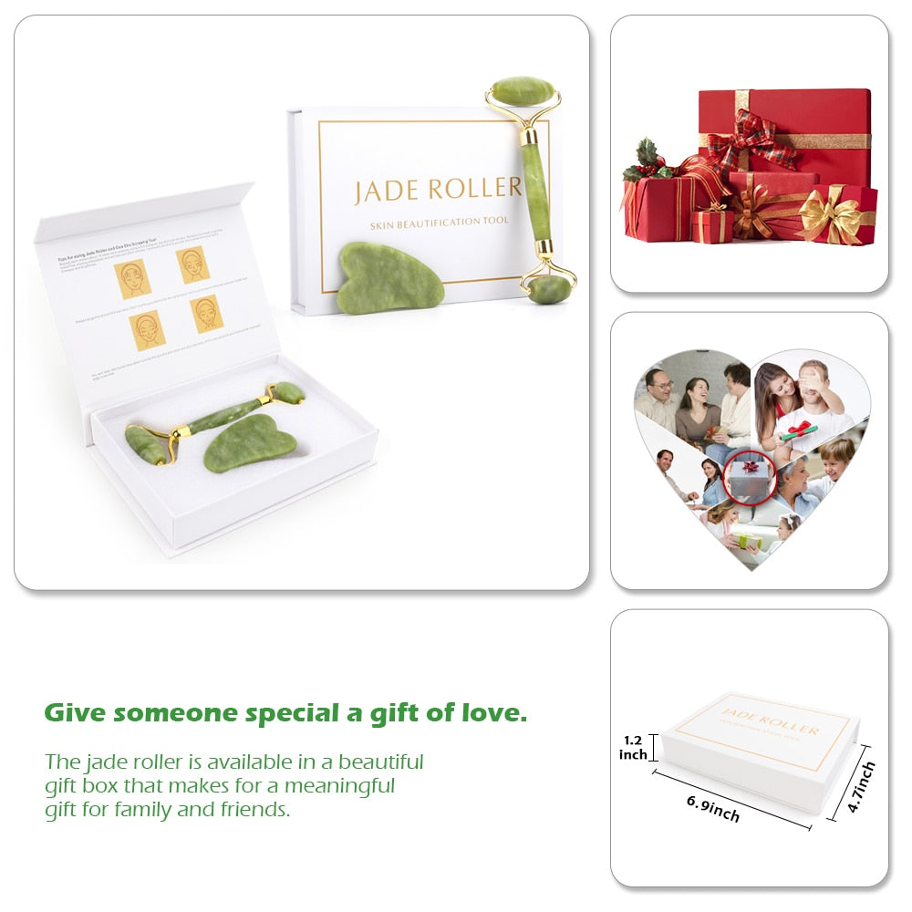 Jade Stone Roller & Gua Sha Set Natural Facial Massager, Skin Care Massage for Face or Body