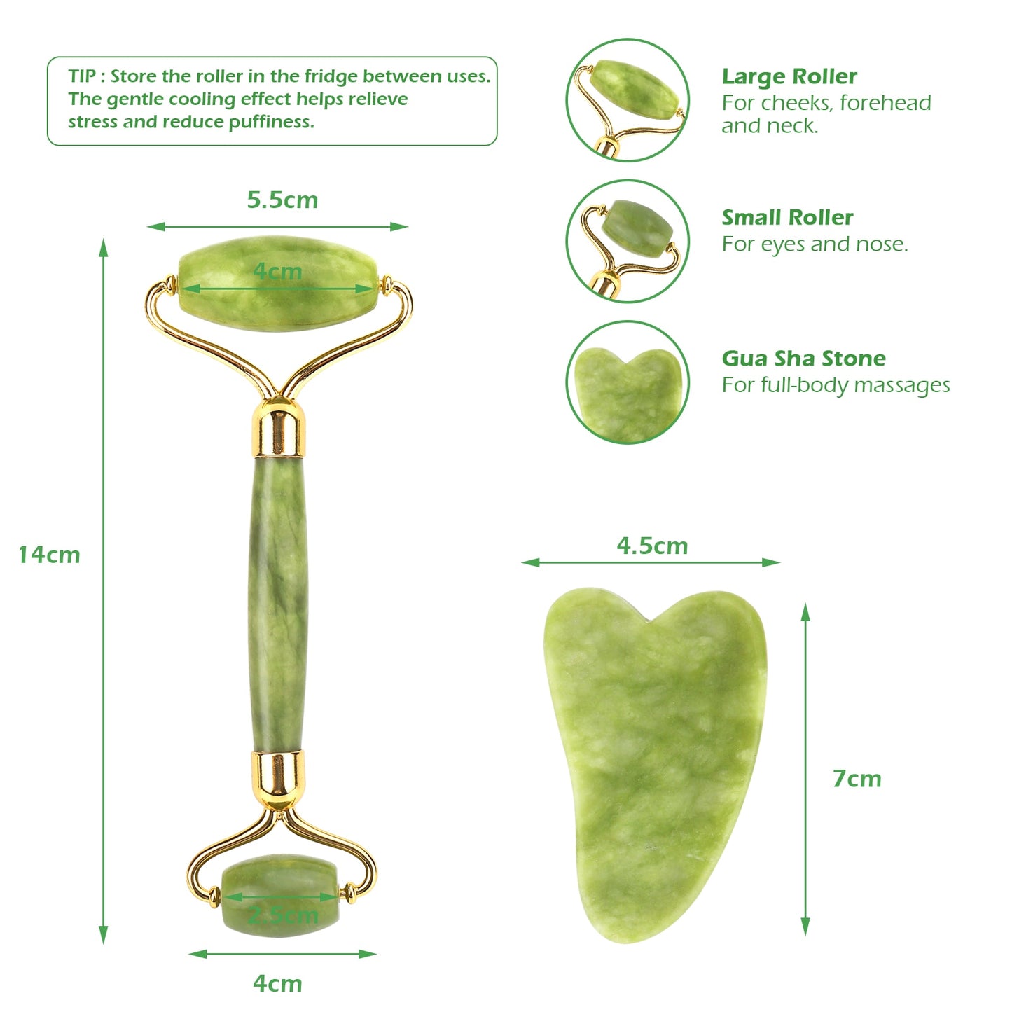 Jade Stone Roller & Gua Sha Set Natural Facial Massager, Skin Care Massage for Face or Body