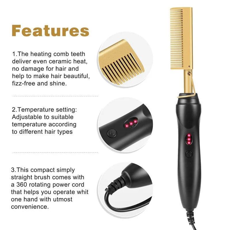 Hot Comb Hair Straightener, Electric Heating Comb, Anti-Scald Beard Straightener Press Comb, Ceramic Comb Security Portable Curling Iron Heated Brush